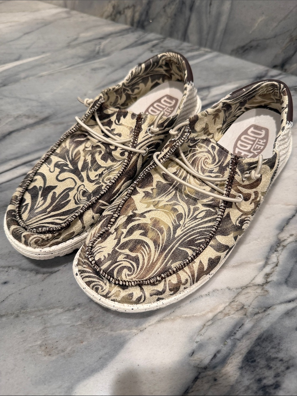Hey Dude Floral Pattern Canvas Slip-On Loafers in Brown and Cream - Picture 8 of 12
